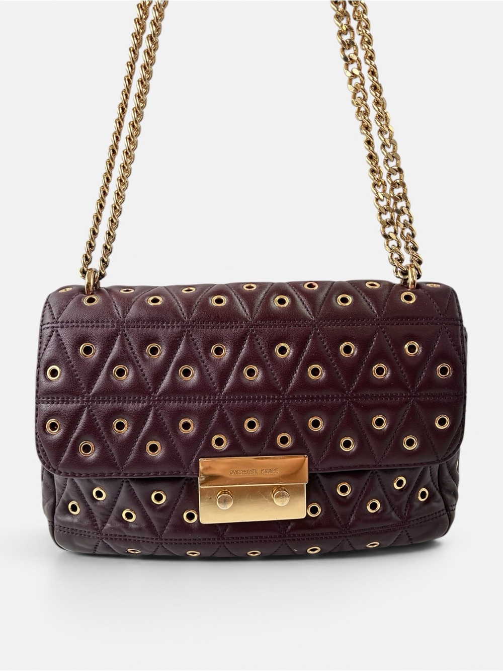 Michael Kors Quilted Grommet Chain Shoulder Bag Dark Purple Leather Flap - Picture 2 of 9